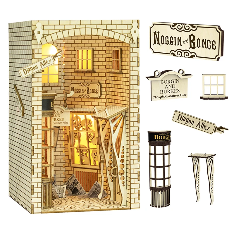 Fsolis DIY Book Nook Kit Miniature House with Furniture and Lights Magic Alley Bookshelf Insert Building Model for Adult Gifts fsolis diy book nook kit miniature house with furniture and light alley book shelf insert 3d bookends building for adult gift