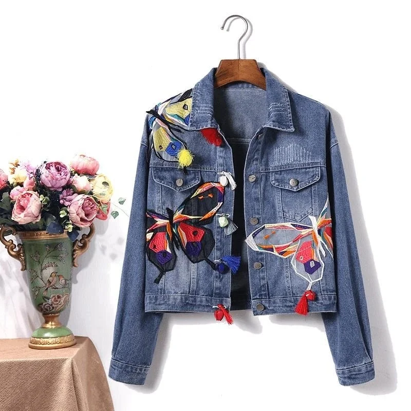

2023 Women Embroidery Denim Jacket Autumn Winter Jeans Coat Woman Butterfly Patchwork Outerwear Female Fashion New Korean Loose