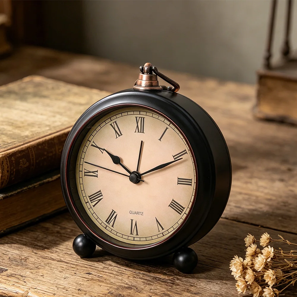 Retro Ultra-Quiet Analog Alarm Clock with Night Light, Battery-Powered, Minimalist Design, 4-Inch