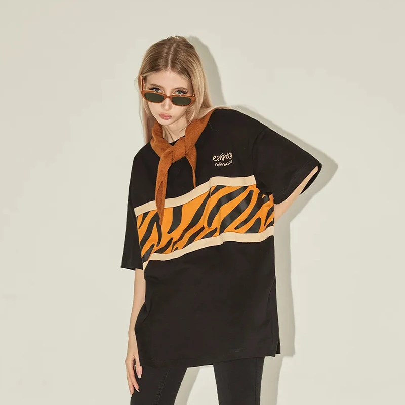 

2022 Summer Short-Sleeved Couple Wear Tiger Pattern Stitching Printed T-Shirt Men And Women Round Neck Casual Loose Top