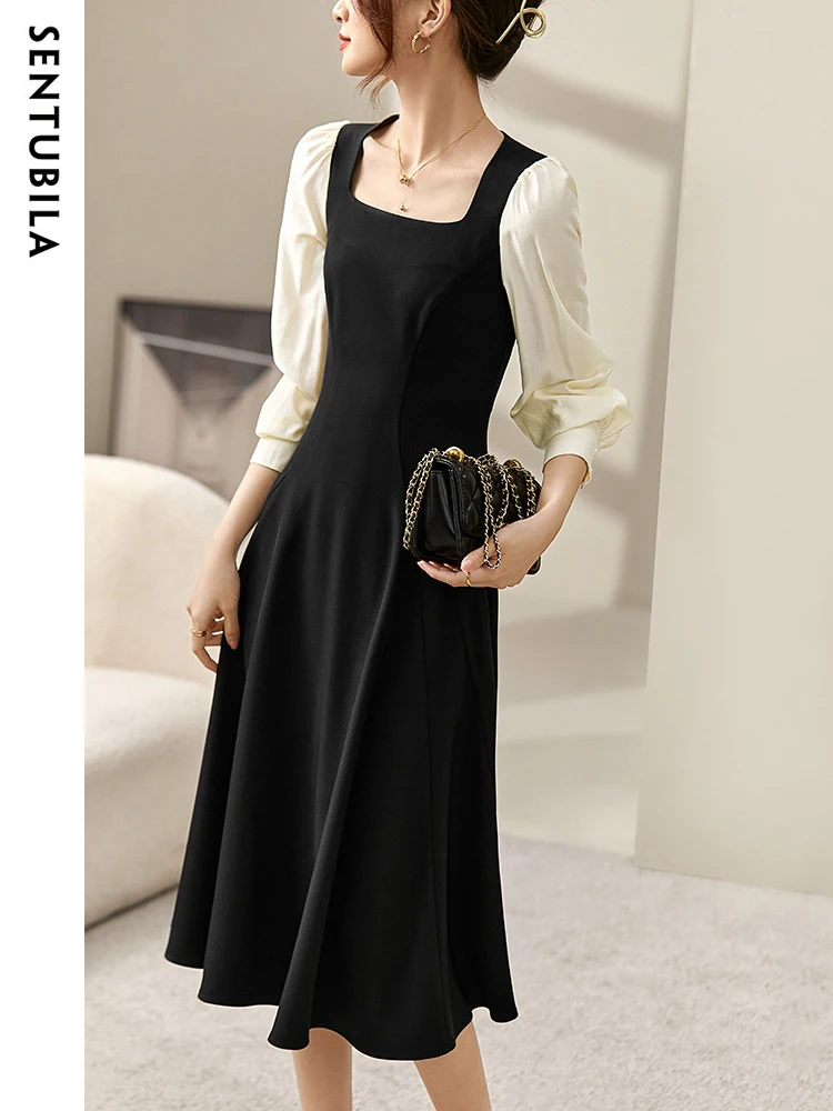 

SENTUBILA Long Sleeve Black Dresses for Women 2024 Spring Autumn Elegant Fashion Square Collar A Line Patchwork Swing Midi Dress