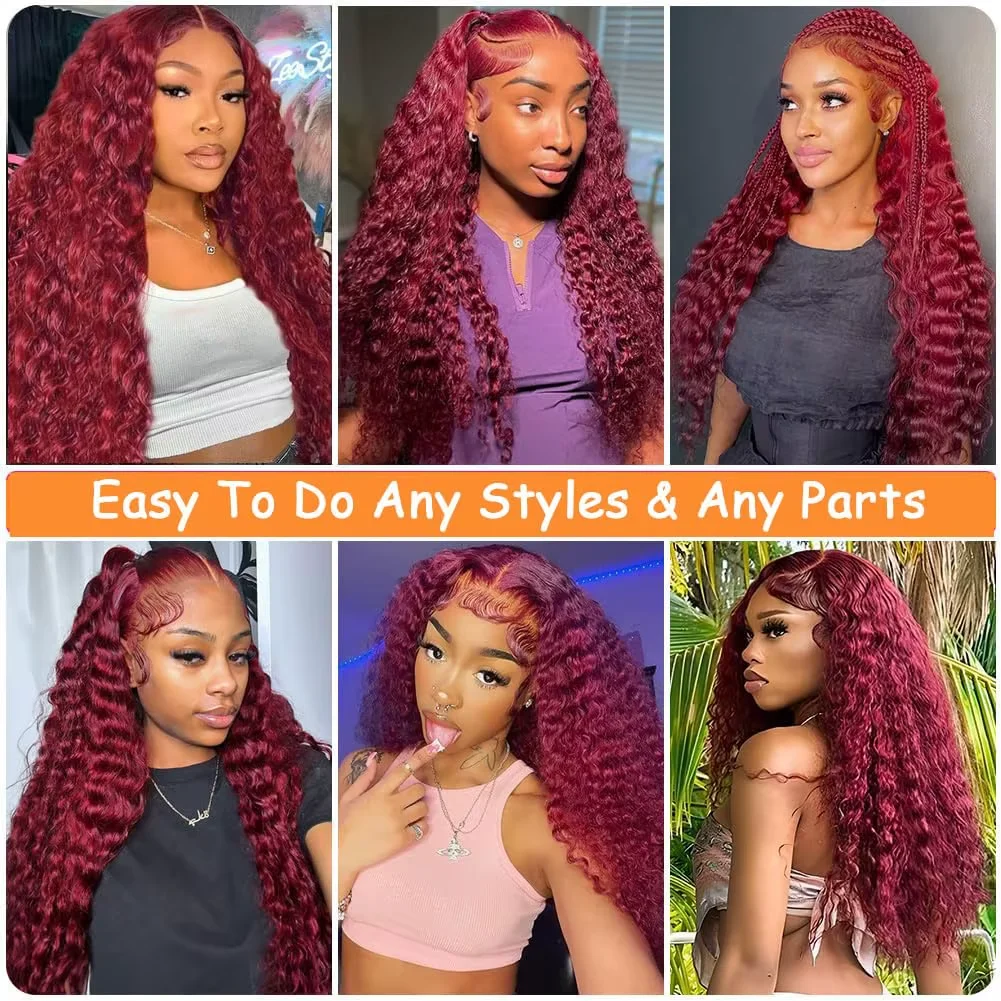 100% Human Hair 13x6 Deep Wave Lace Front Wigs Human Hair for Women 99J Burgundy Lace Front Wigs Human Hair Red Wig 200 Density 6