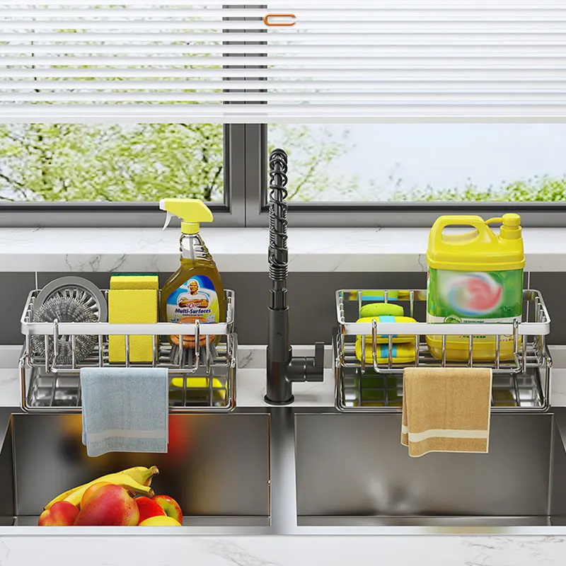 Kitchen Sponge Holder Stainless Steel Sink Drain Rack Soap Drainer Towel Rack Shelf Organizer bathroom Storage Accessories 2