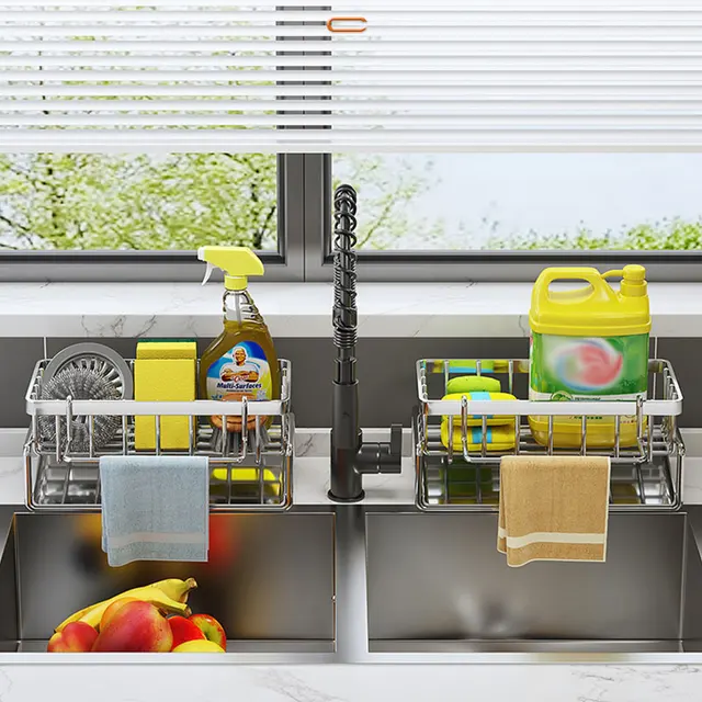 Porta spugna da cucina Scarico per lavello in acciaio inossidabile Scolapiatti per sapone Portasciugamani Scaffale Organizzatore Accessori per il bagno 2