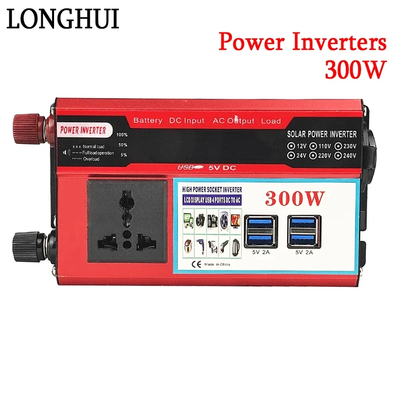 Inversor de Onda Senoidal Pura com Display Led Transformador de Tensão Portátil Conversor de Energia Inversores Solares dc 12v 24v a 110v 220v 300w