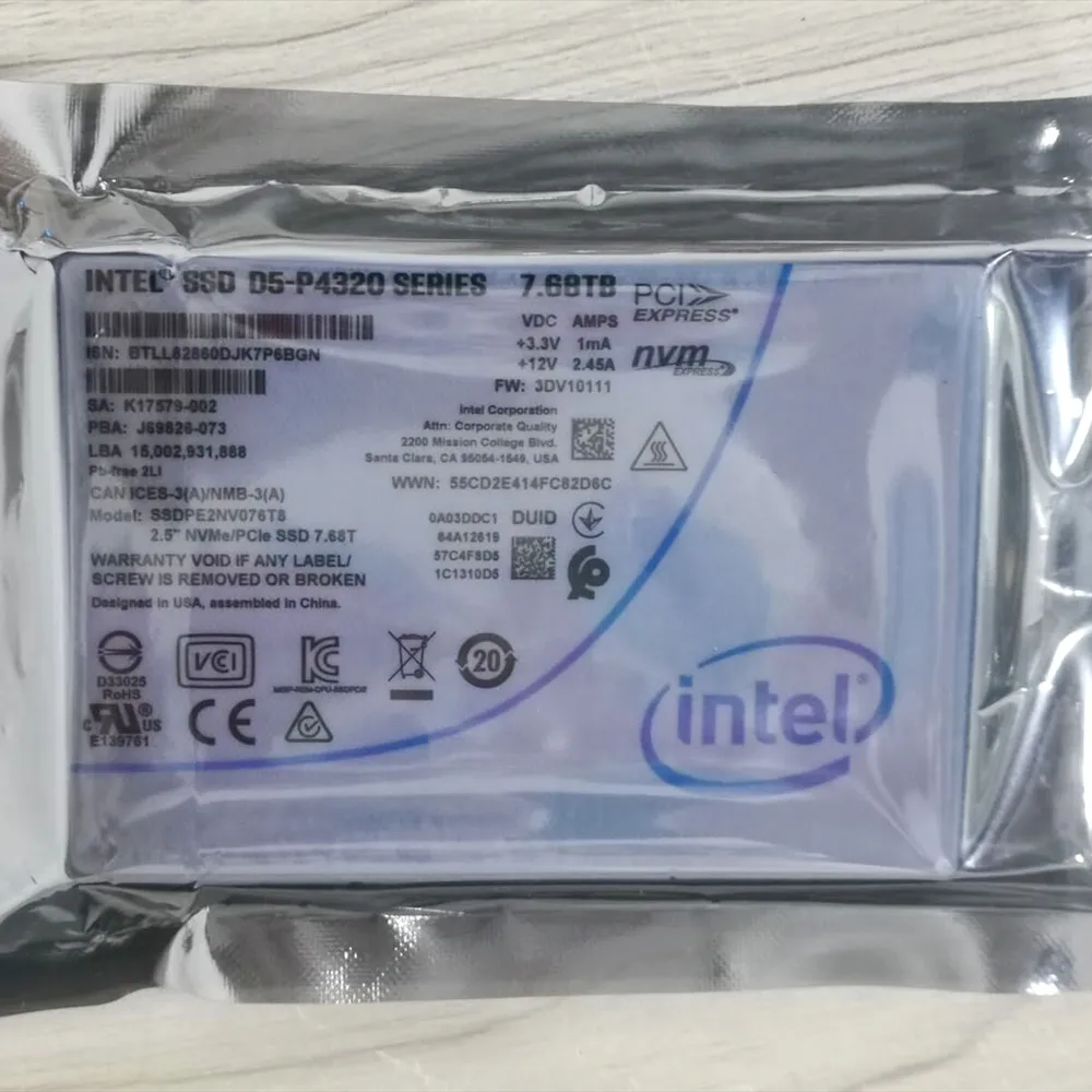 

Brand New 7.68TB P4320 SERIES SSD U.2 2.5' PCIE NVME Solid State Drive Enterprise SSD For Intel 3DV10100 SSDPE2NV076T8