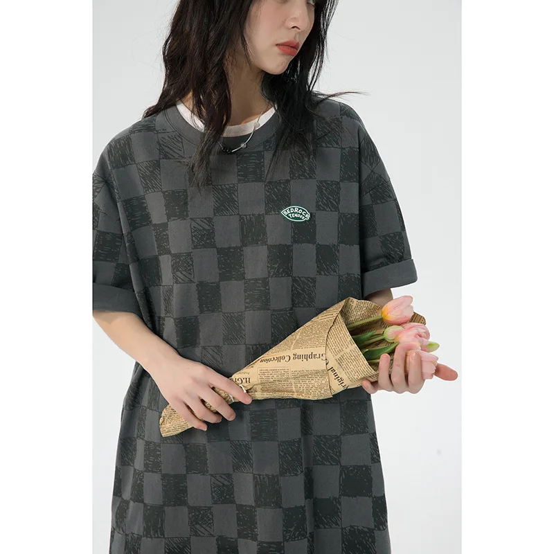 Women's 2022 Summer New Main Promotion Chessboard Short Sleeve T-shirt Japanese Fashion Brand Loose Half T Goth |