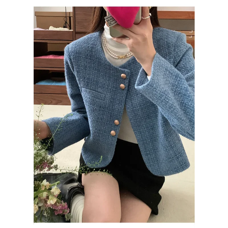 

French Round Neck Tweed Short Small Fragrance Lady Coat Autumn Winter New Korean Simple Elegant Chic Basic French Jacket Women