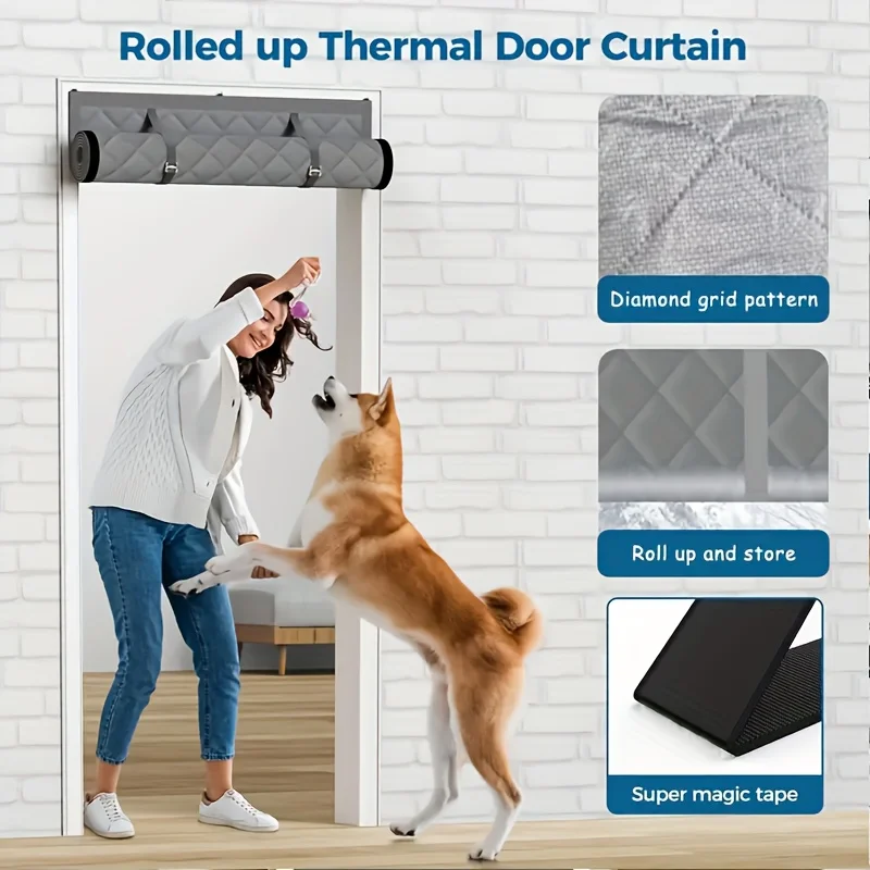 Thermal Door Curtain - Winter Insulated Roll Up Cover with Storage Buckle, Easy Install