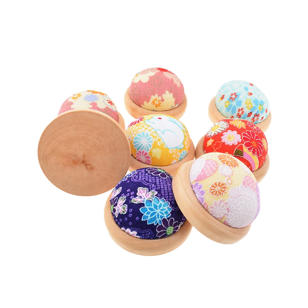 Chainho,Pin Cushion With Wooden Base,Printed Floral Fabric Cover,DIY Sewing Quilting Accessory,Needlework Tools,Random 1Piece