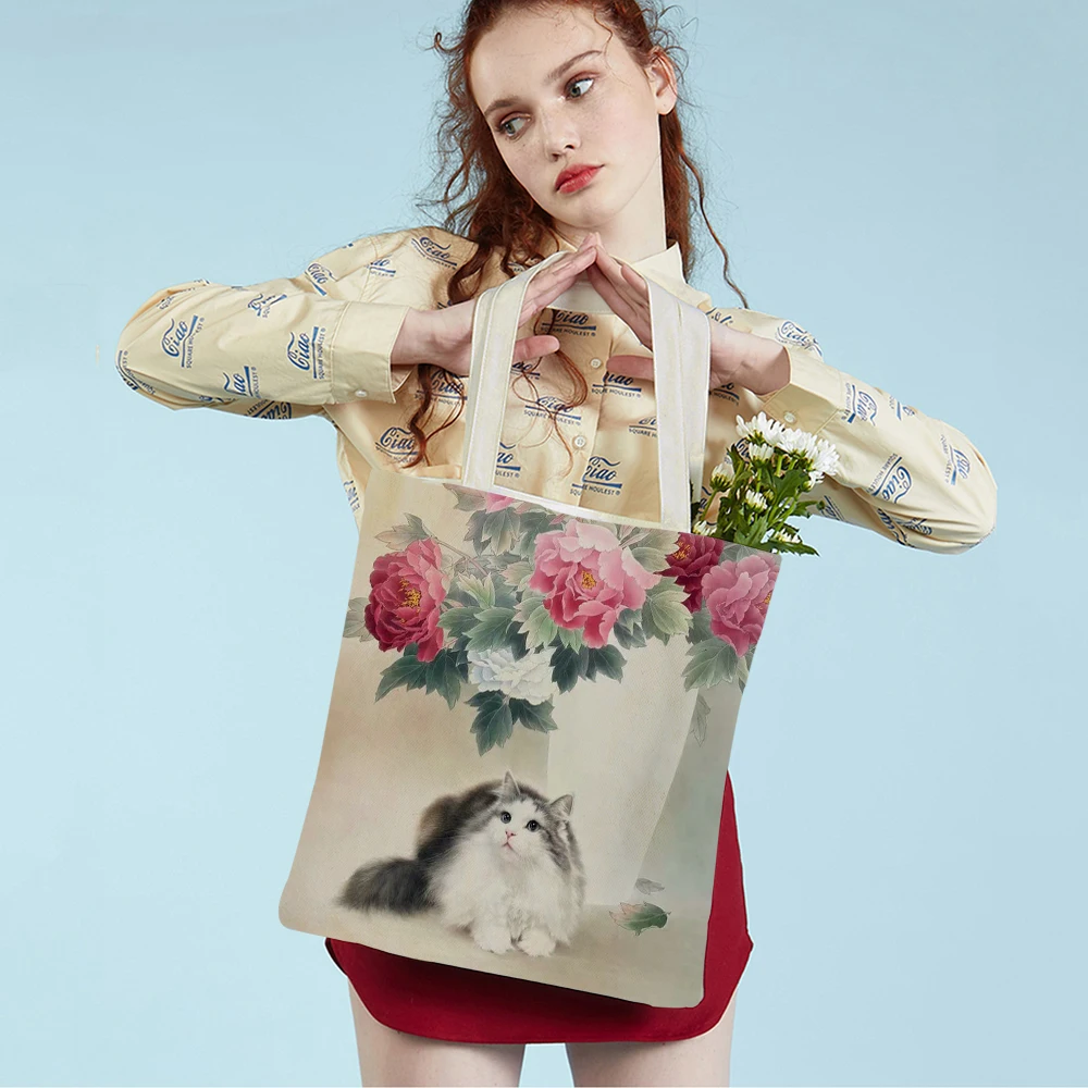 

Chinese Ink Cat Casual Shopping Bag Reusable Animal Both Sided Print Canvas Pacakge Lady Travel Tote Handbag for Women