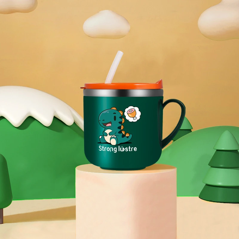 Kids Drinking Feeding Straw Baby Cup 304 Stainless Steel Milk Cup with Lid Straw Cartoon One Hand Grip Anti Drop Water Bottle 2