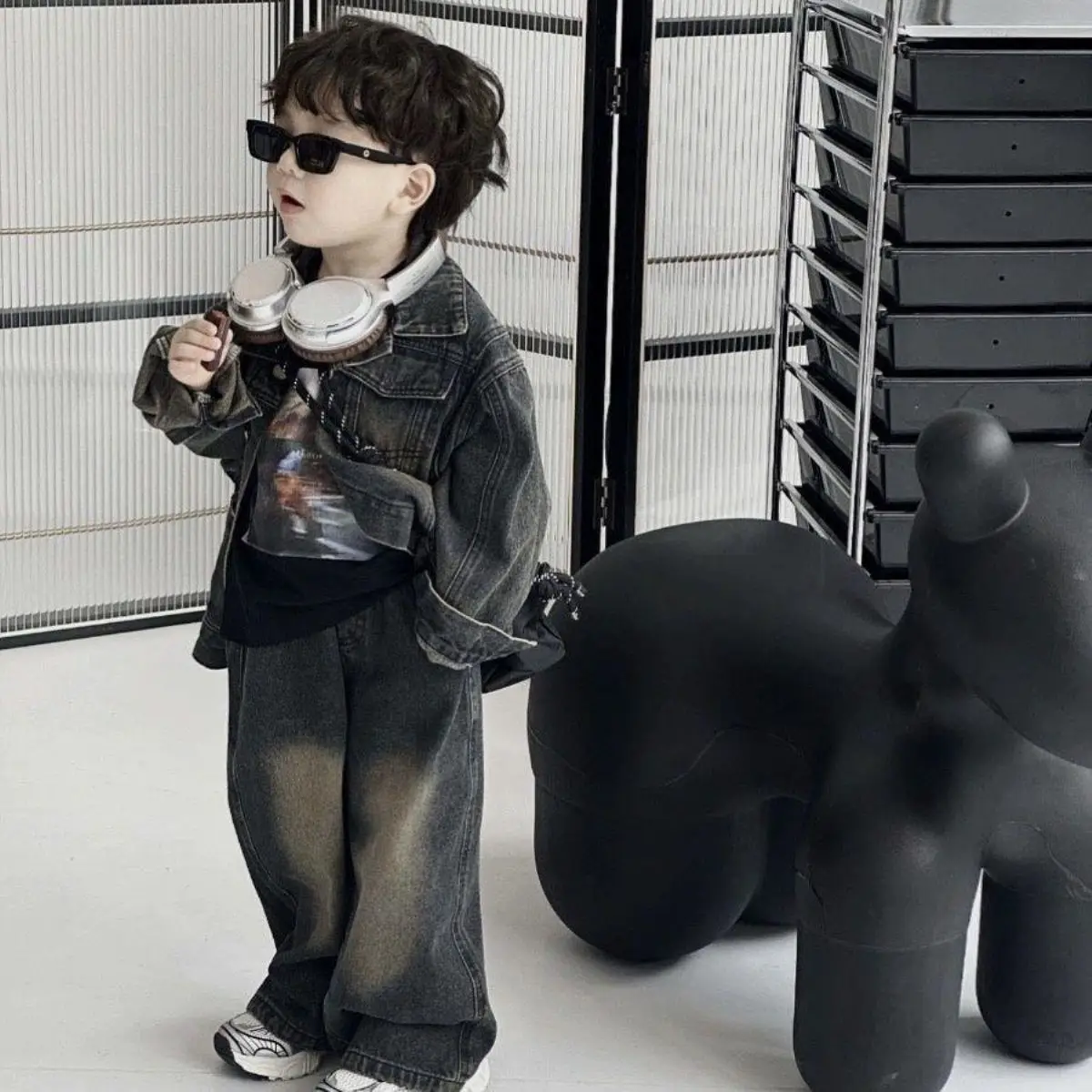 

Children Korean Spring and Fall Models 2023 New Men and Women Baby Retro Jacket Korean Loose Denim Two-piece Set Boys Clothes