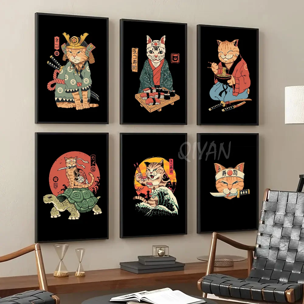

Cartoon Japanese Samurai Cat Poster Paper Print Home Living Room Bedroom Entrance Bar Restaurant Cafe Art Painting Decoration