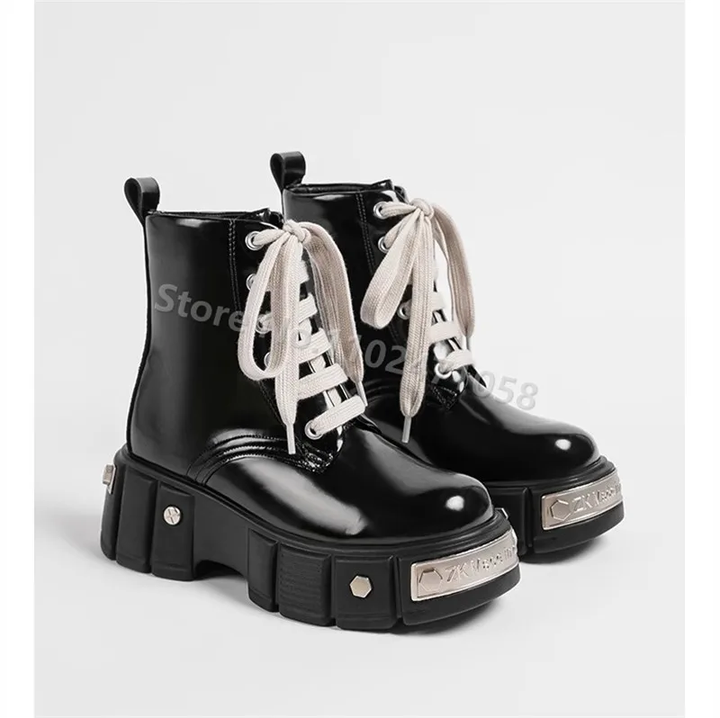 

Punk Black Rivet Metal Decor Women Short Boots British Style Round Toe Chunky Bottom Lace-Up Motorcycle Female Ankle Boots