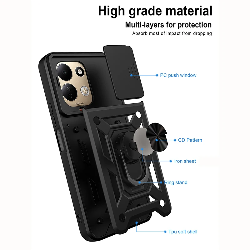 Armor Slide Camera Ring Kickstand Protective Phone Case Cover