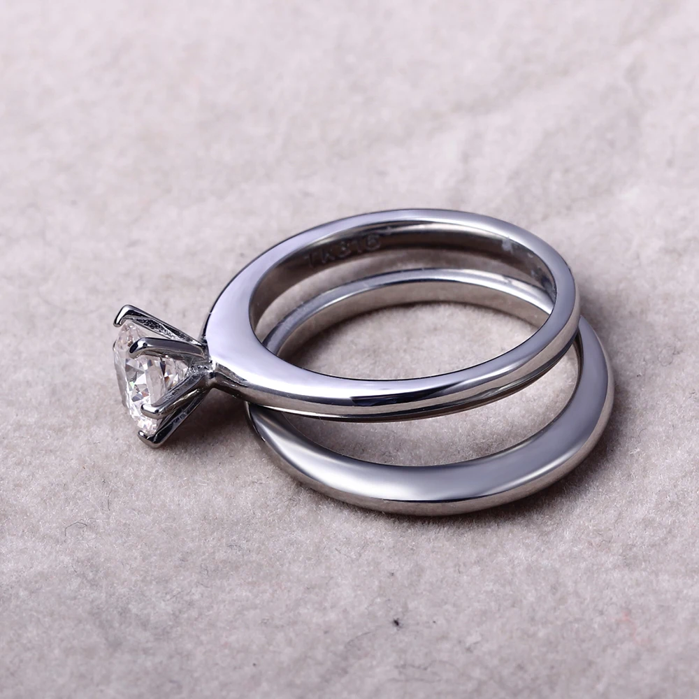 7mm 5A Cubic Zircon Ring 316L Stainless Steel Size 6-10 2PCS Set Engagement Wedding Jewelry For Women