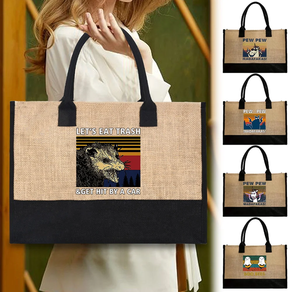 

Vintage Tote Bag Eco Jute Shopping Bag Pew Series Reusable Portable Shoulder Handbag for Travel Grocery Fashion