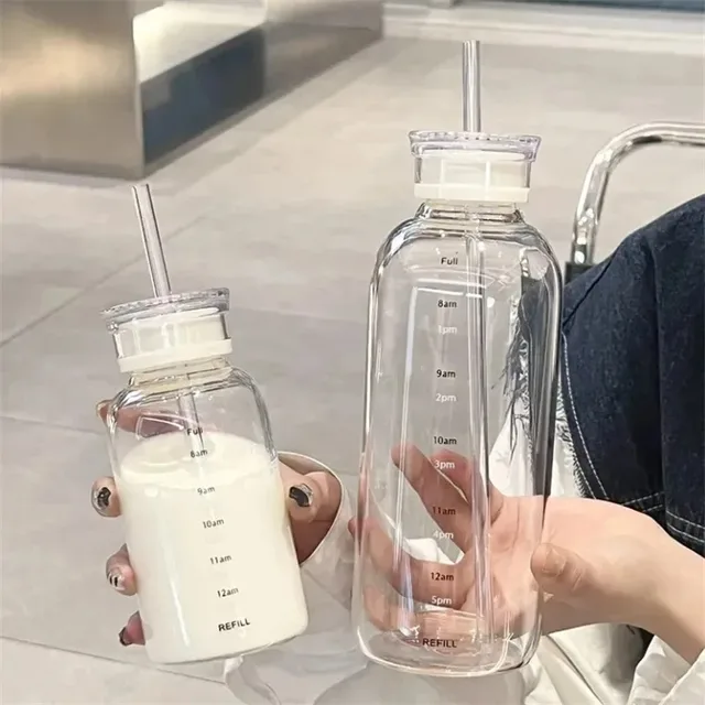 350/750ml Glass Transparent Water Bottles with Lid Straw Time Scale Milk Juice Drink Bottle Travel Coffee Mug Milk Tea Cup 3