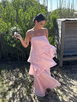 Women Pink Ruffled Strapless Dress Sleeveless Backless Loose Long elegant robes 2025 Lady Vacation Beach Party Evening Gown New 1