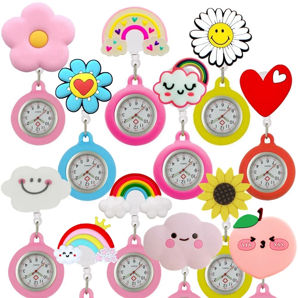 Fashion Hospital Scalable Nurse Doctor Rainbow Cloud Love Heart Flowers Pocket Watches Medical Badge Reel Clip Hang Clock Gifts