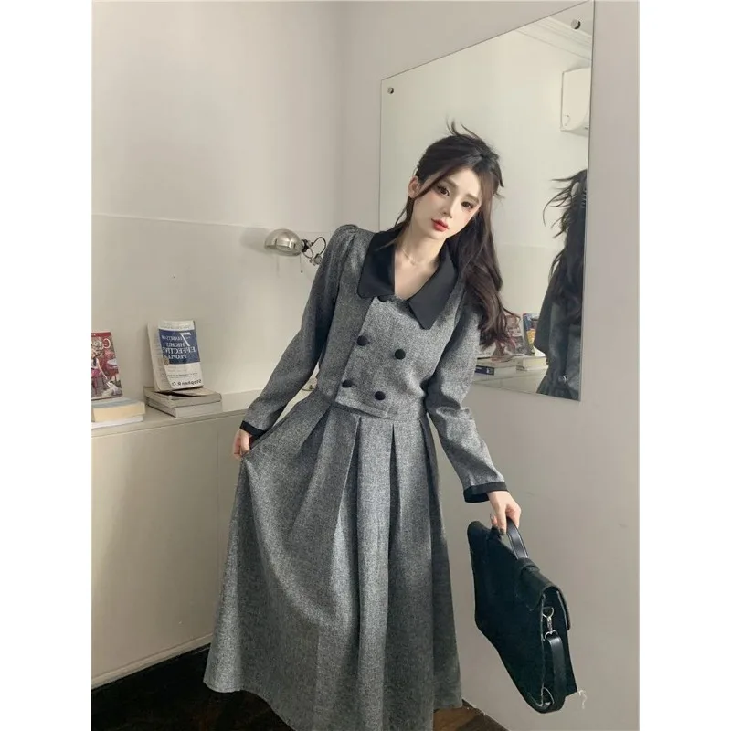 Insozkdg 여성용 스위트 우아한 스커트 정장, 더블 브레스트 블레이저 재킷 및 롱 스커트, 오피스 레이디 투피스 세트, 가을 2024 신상