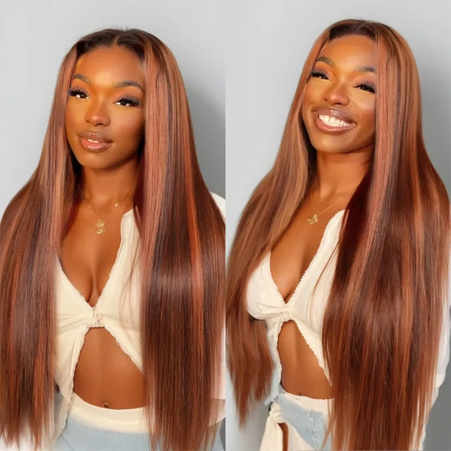 32inch 5X5 Brown Ginger Straight Lace Front Closure Wigs Human Hair Pre-Cut Lace with Baby Hair 180% Density Highlight Color Wig 3