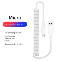 Enhanced Spring USB Charging Cable - 2M, 6A Fast Charge, Retractable Design - Up to 2m (For Micro White)