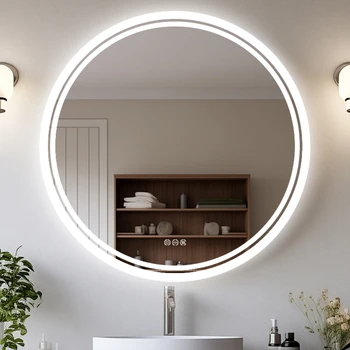 LED Bathroom Mirror Round 600/800mm Illuminated Dimmable Backlit Lighted Wall Vanity Mirror Anti-fog Smart Makeup Shaving Mirror 1