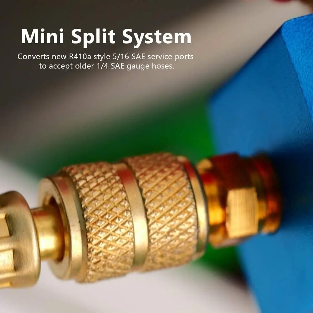 R410a Charging Vacuum Port Adapter Brass Converter with Thimble 5/16 Inch Female Quick Coupler to 1/4 Inch Male Flare for Split
