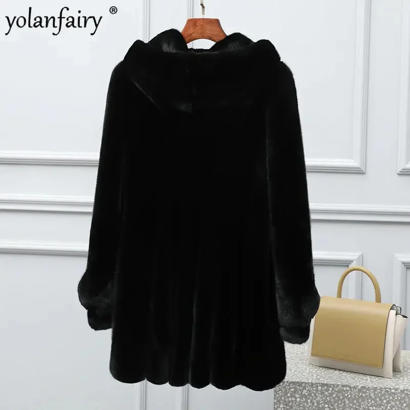 

Whole Natural Mink Fur Coat Women Winter Midi Long Coats Female Real Hooded Jackets Woman Luxury Clothes Fourrure Femme FCY