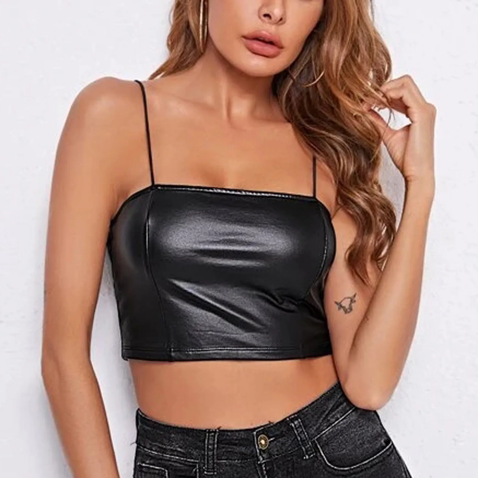 Women's Solid Color Sling Style Vest Sexy Short Tank Top Ladies Sexy Leather Vest Women's Fashion Short Sleeveless Top Clothing image