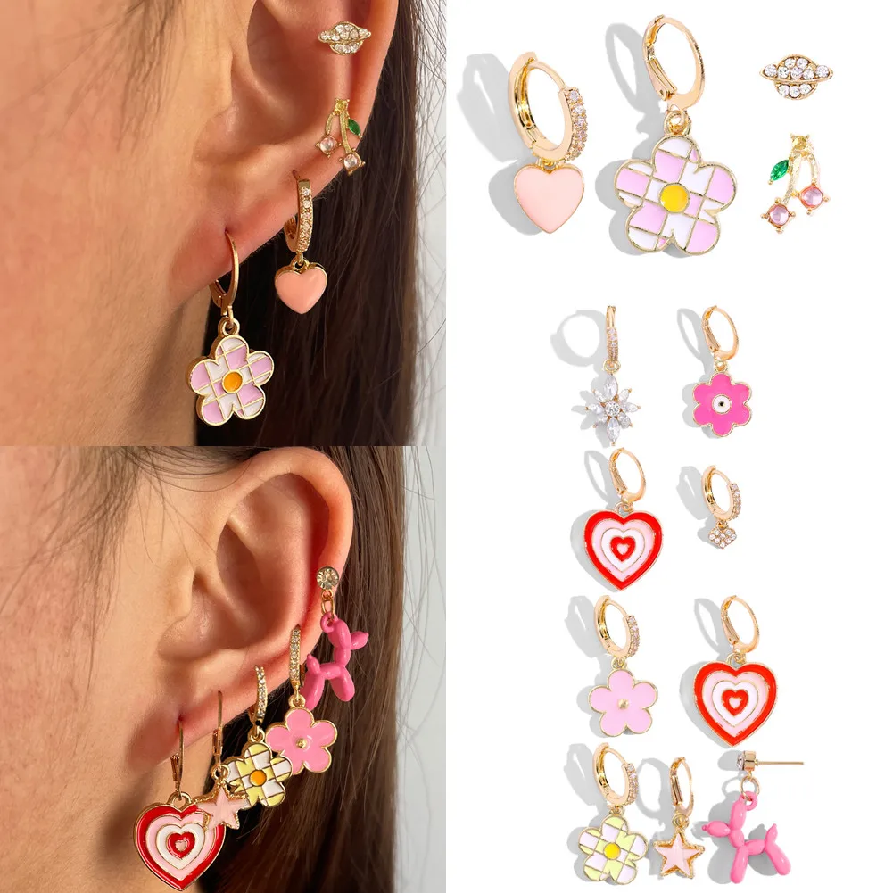 New Y2K Pink Flower Heart Shiny Zircon Hoop Earrings Set for Women Star Cherry Balloon Dog Circle