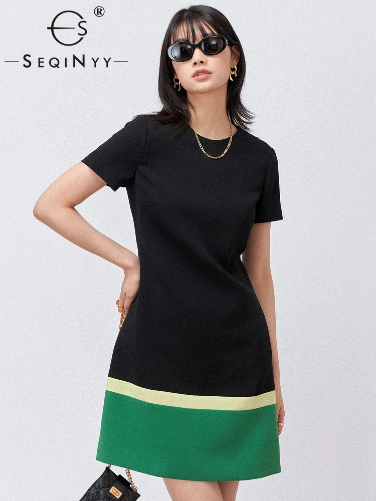 

SEQINYY Office Lady Dress Summer Spring New Fashion Design Women Runway High Street Elegant Mini Slim Spliced Color Casual