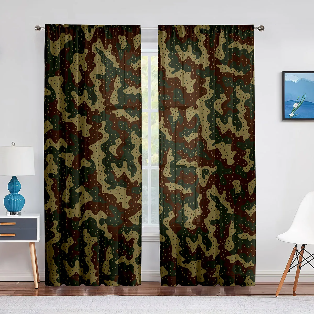 Military Green Camouflage Woodland Camo Brown Tulle Curtains for Living Room Kitchen Bedroom Sheer Voile Curtain Window Drapes 4