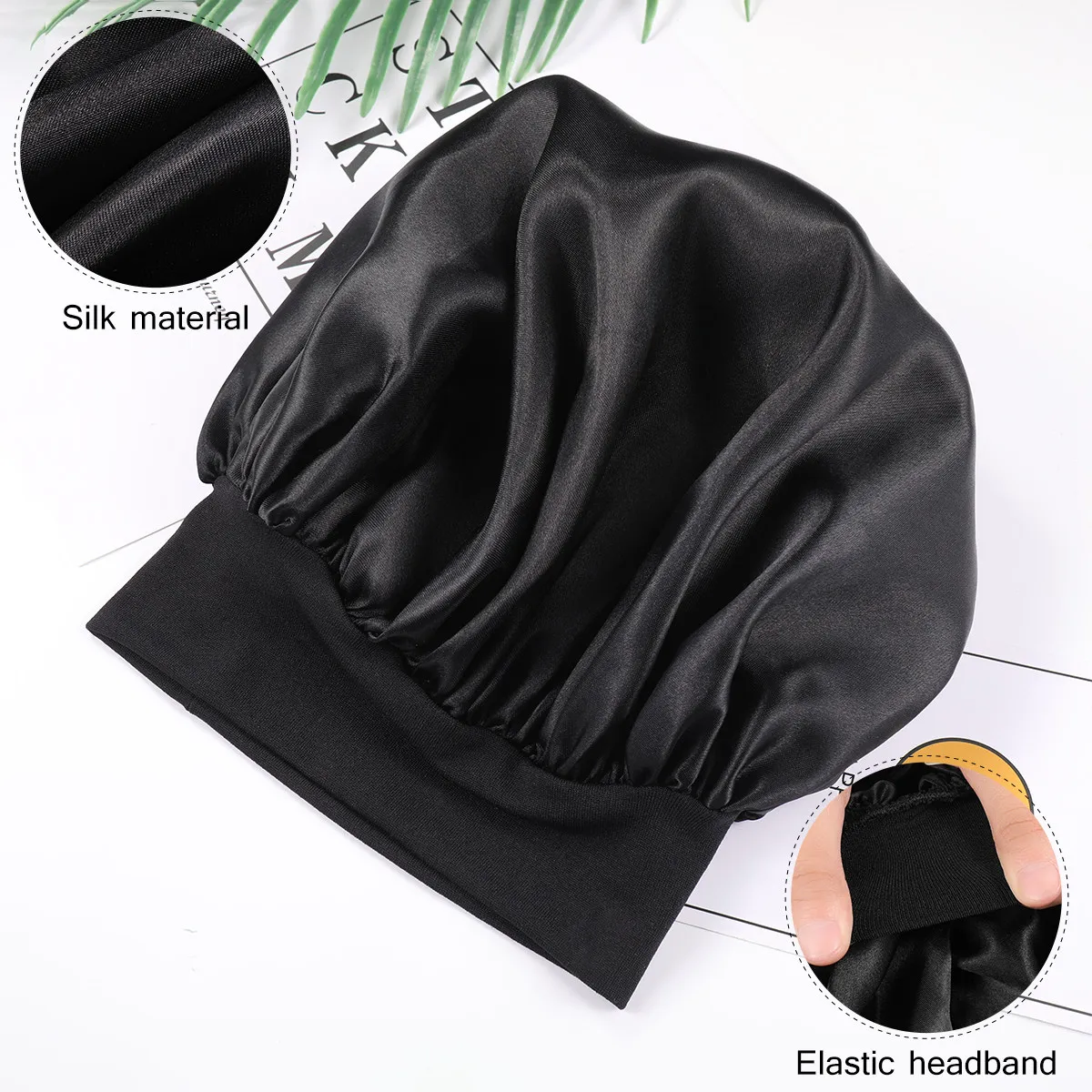 2Pcs 와이드 사이드 탄성 수면 모자 대형 넓은 보닛 헤어 보호 여성용 오일 방지 탈모 방지 여성용 블랙