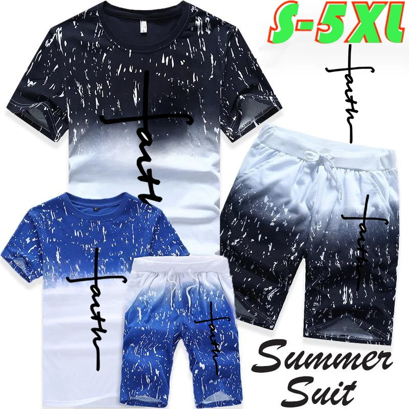 Trendy Gradient Jesus Printed T-shirt + Shorts 2 Pieces Sets Summer Mens Loose Sports Suit Short Sleeve Tracksuits S-5XL