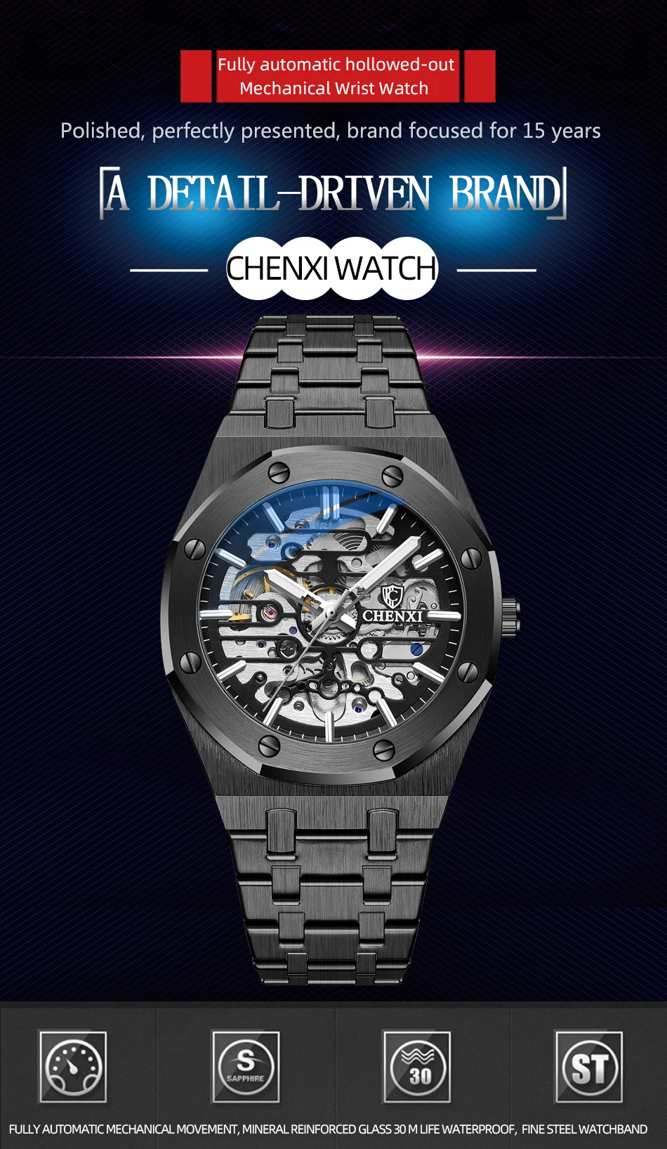 CHENXI 2021 New 8848 Automatic Men Top Brand Mechanical Tourbillon Wristwatch Waterproof Business Stainless Sport Male Watches