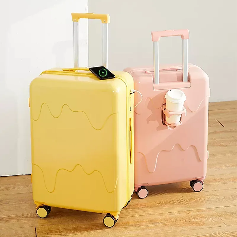 

Luggage Female Universal Wheel Password Travel Suitcase Cup Holder USB Charging Port Boarding Trolley Box чемоданы на колесах