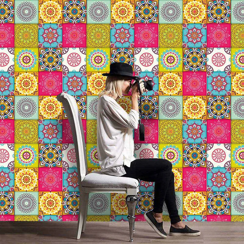 

Bohemian Style Colorful Tiles Wall Sticker Home Decor Bathroom Kitchen Waist Line Wall Decals Waterproof PVC DIY Floor Diagonal