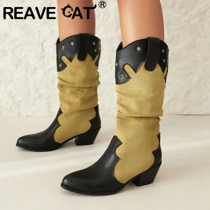 

REAVE CAT Mid Calf Western Boots Pointed Toe Block Heels 5.3cm Flock Slip On Pleated Rivets Casual Daily Bota Mixed Big Size 43