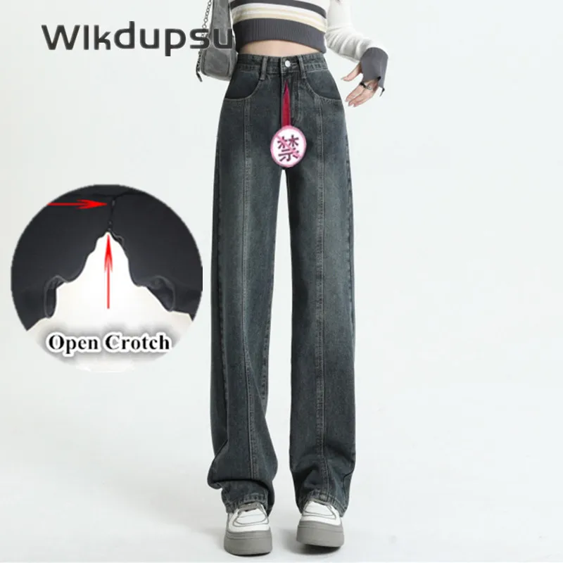 

Женские невидимые пикантные джинсы на молнии с открытой промежностью, женская уличная одежда для любви, повседневные винтажные пикантные джинсовые брюки высокого качества