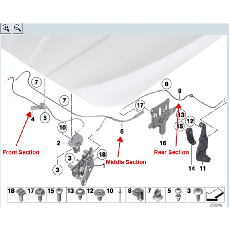 후드 래치 릴리스 케이블, 2009 -2018 BMW 640i 650i 528i M6 550i F07 F10 F10 에 적합