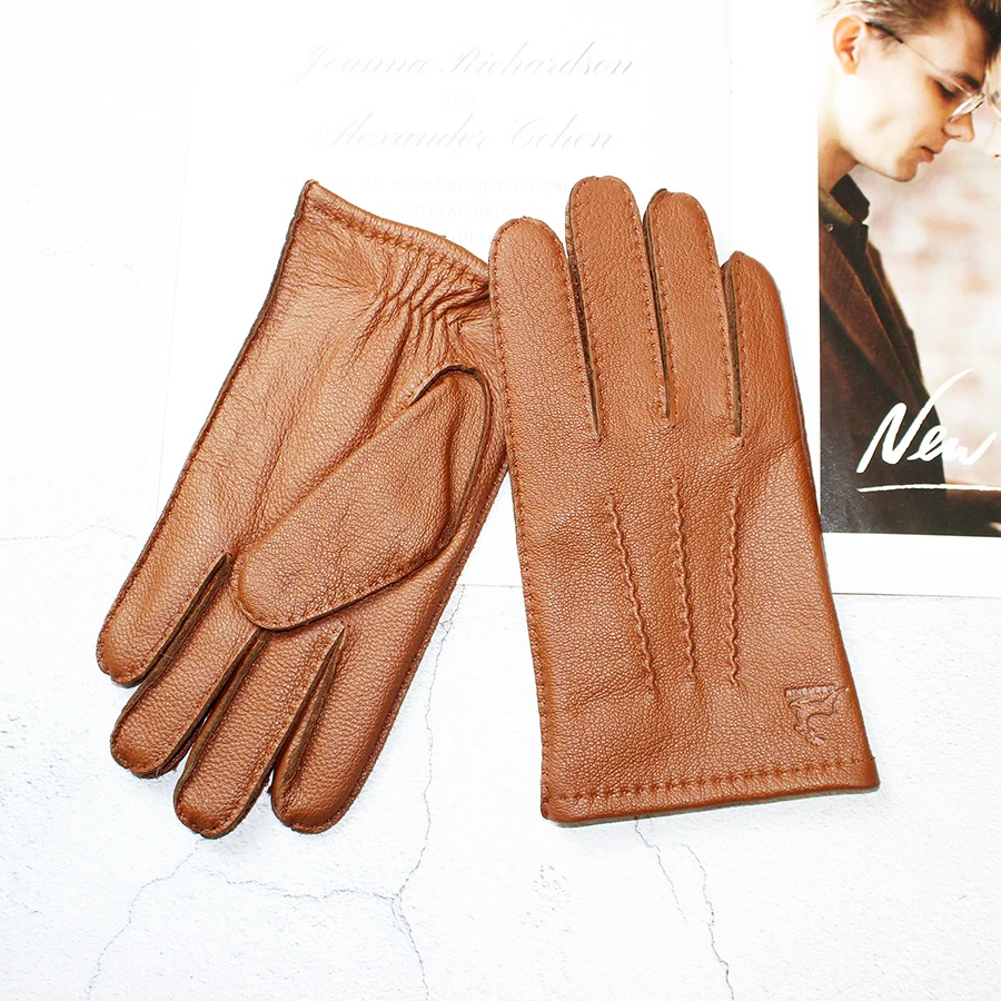 Leather Deerskin Gloves Men's Wool Lining Hand Sewn Fashion Stripe Style Warm Autumn and Winter Brown Touch Screen Split Fingers,warm gloves,leather gloves,male gloves
