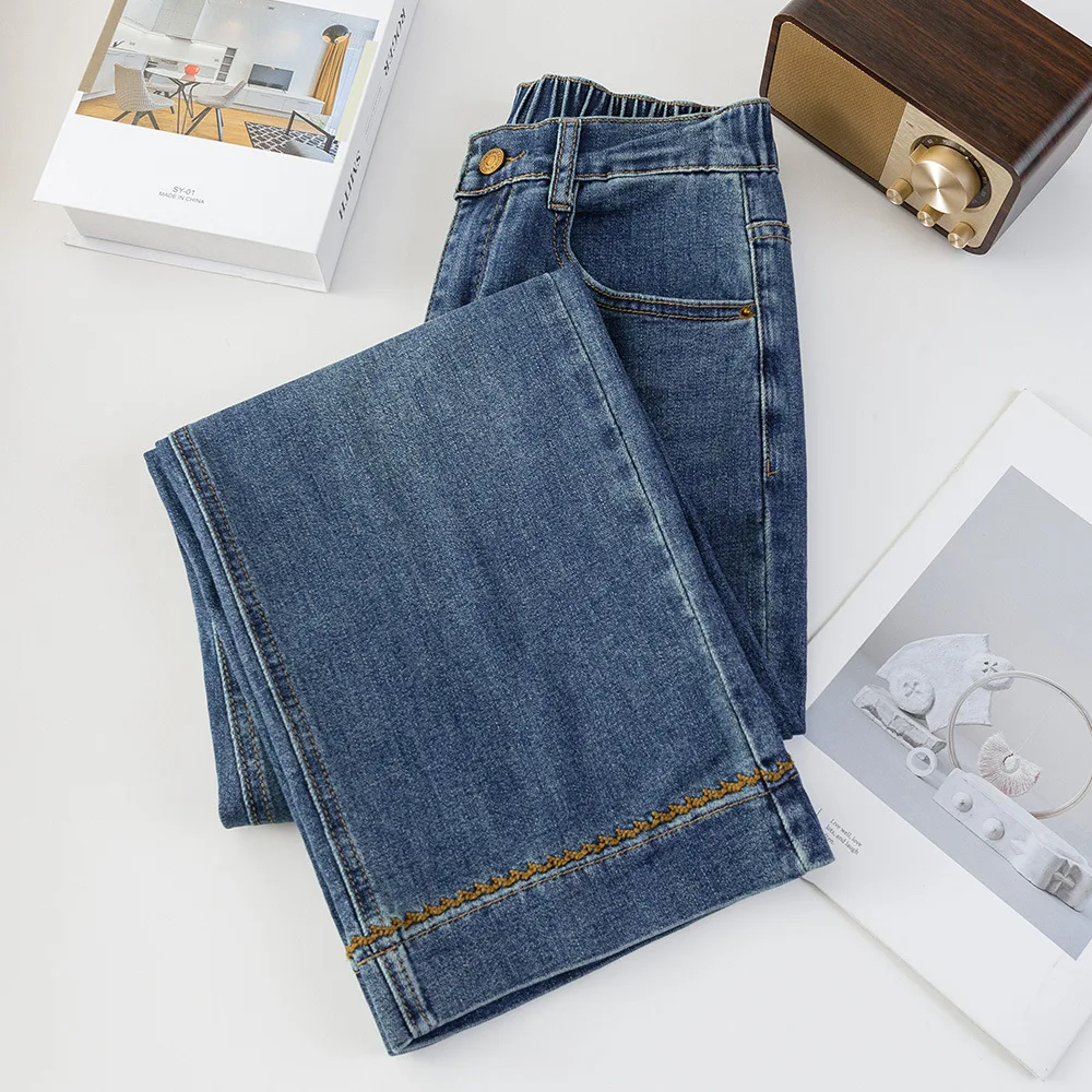 Fashion Plus Size Women's Jeans Autumn Of 2025 Slim Stretch Embroidery Hem Denim Straight Leg Ankle Length Pants 2528