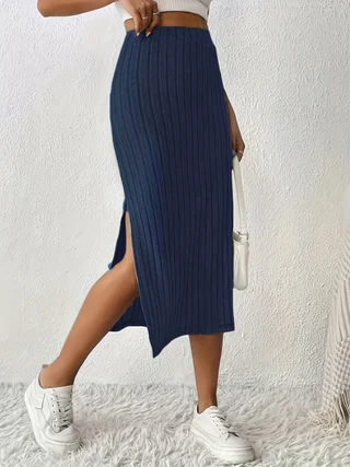 Elegant Navy Blue Casual Slit Skirt