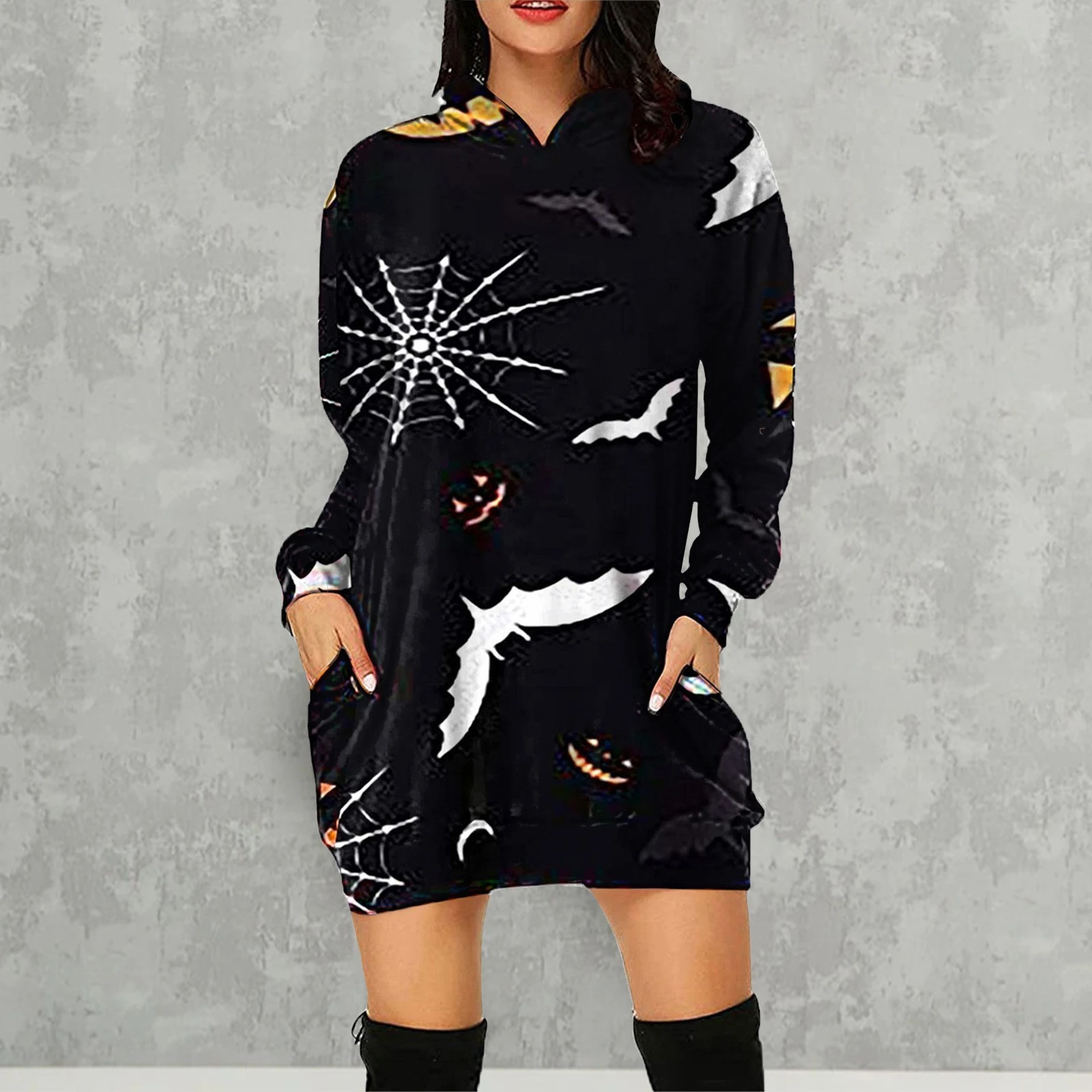 European and American Halloween Oversized Loose Hoodie Dress Sweater Fashion Dress Sweatshirt Dress 3D Allover Print Hoodie