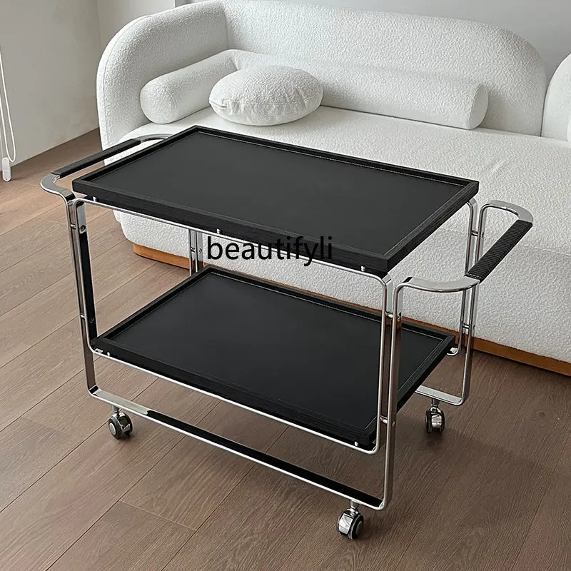 

yj Mid-Ancient Black Solid Wood Trolley Household Light Luxury Living Room Movable Wheeled Side Table Storage Rack