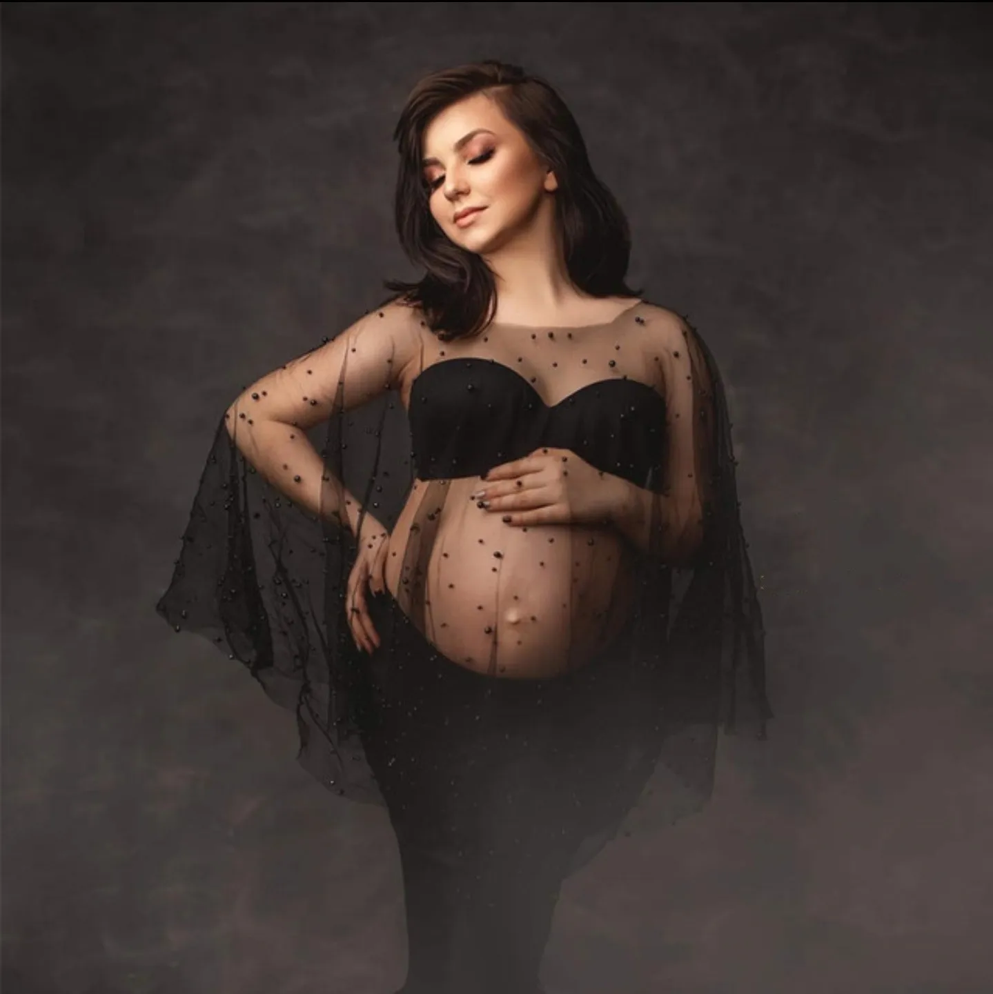 Premama See Through Tops For Maternity Photography Photo Shoot Dresses Props Cape Mesh Pregnant Women Pearls Baby Shower Clothes