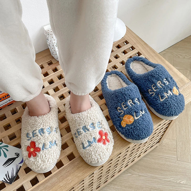 Fuzzy Women Slipper floral Winter Warm Kawaii Plush Contton Indoor Floor Non Slip House Home Men Male Shoes Female 2024 New In